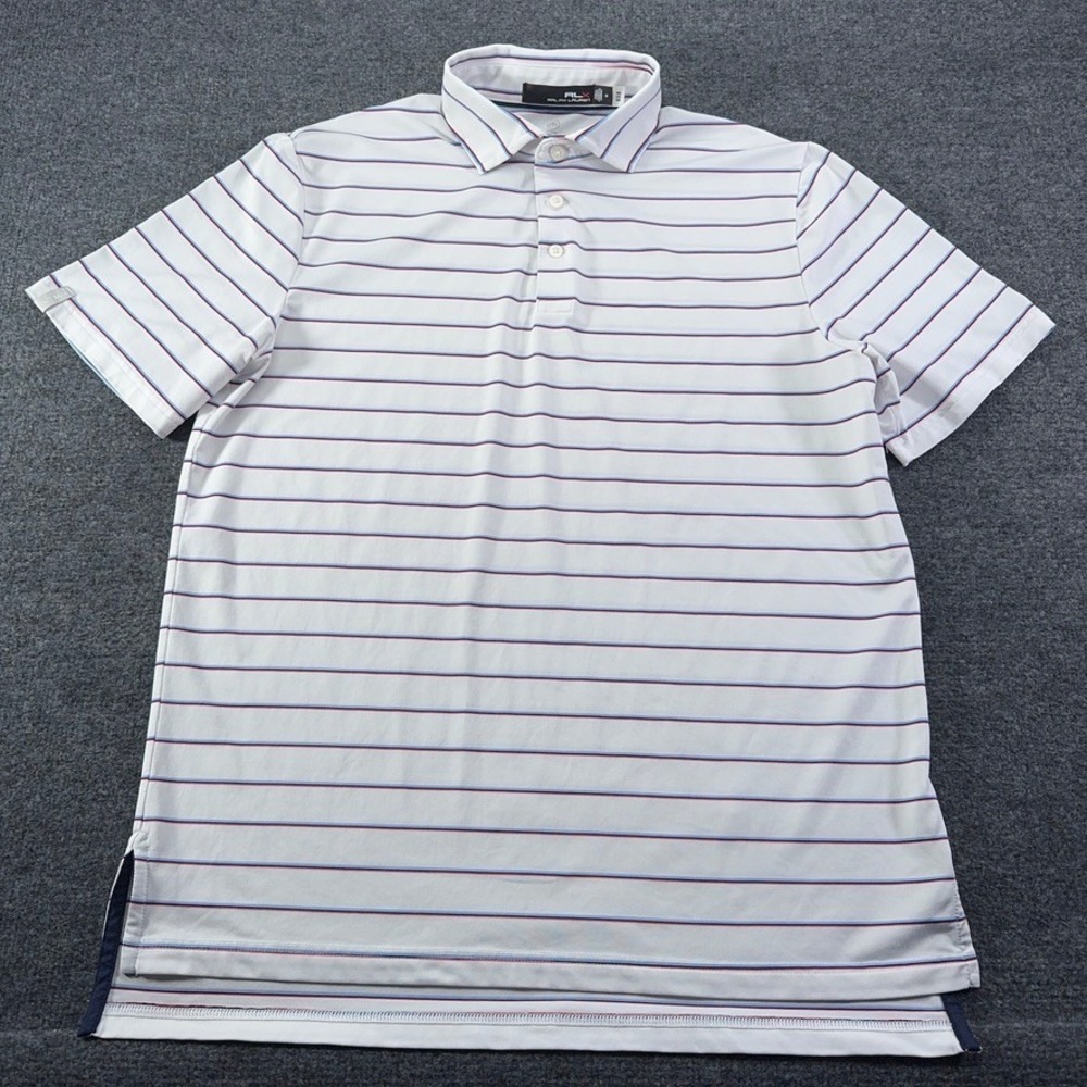 RLX Ralph Lauren Mens White Striped Short Sleeve Golf‎ Polo Shirt Size M